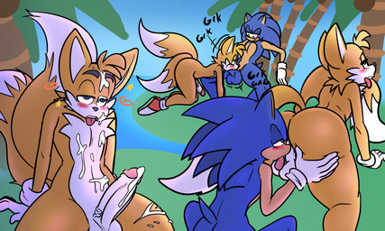 all_fours anthro backpack ball_lick balls big_penis blue_eyes bodily_fluids butt clothing cum duo fellatio genital_fluids genitals gloves handwear licking male male/male oral penile penis sex tongue tongue_out taillove sega sonic_the_hedgehog_(series) miles_prower sonic_the_hedgehog canid canine eulipotyphlan fox hedgehog mammal 5:3 hi_res
