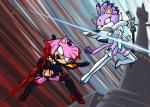 amber_eyes anthro breasts cleavage clothed clothing cosplay duo female fight footwear fur green_eyes grin high_heels melee_weapon navel parody pink_body pink_fur pose purple_body purple_fur shoes skimpy smile sword weapon xierra099 kill_la_kill sega sonic_the_hedgehog_(series) studio_trigger amy_rose blaze_the_cat junketsu ryuko_matoi satsuki_kiryuin senketsu domestic_cat eulipotyphlan felid feline felis hedgehog kamui_(kill_la_kill) mammal 2018 crossover