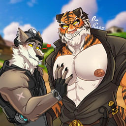 abs anthro anthro_on_anthro areola barazoku belt big_muscles big_pecs bite biting_lip biting_own_lip blurred_background bodily_fluids bottomwear claws clock clothed clothing cloud collared_shirt day dress_shirt duo ear_piercing ear_ring eyebrows fingerless_gloves flustered frown fur gloves hand_on_chest hand_on_pecs handwear hat headgear headwear heart_symbol looking_at_another looking_away male male/male muscular muscular_anthro muscular_male narrowed_eyes nipples open_clothing open_shirt open_topwear outside pants pec_grab pecs piercing ring_piercing scar self_bite shirt smile standing sweat sweatdrop teeth topwear tuft vest watch whiskers white_body white_fur marshmooon epic_games fortnite oscar_(fortnite) wendell_(fortnite) canid canine canis felid mammal pantherine tiger wolf 1:1 2025 hi_res signature