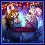 accessory anthro belly beverage big_belly blowing blue_eyes bottomwear breast_rest breasts candy candy_cane chair cheek_tuft chocolate christmas_decorations christmas_lights cleavage clothed clothing container cream_hair cup dessert duo facial_tuft female female/female food fur furniture glistening_navel hair hair_accessory hair_bun hair_sticks happy holding_container holding_cup holding_mug holding_object holidays hot_chocolate inner_ear_fluff looking_at_another looking_down marshmallow mug multi_tail navel nipple_outline on_chair outie_navel pants peppermint_(candy) pink_body pink_fur pink_nose pregnant pregnant_anthro pregnant_female red_hair scarf shirt sitting sitting_on_chair steam sweater table tail tan_body tan_fur tank_top teal_eyes topwear tuft peachy-jingle christmas nintendo pokemon emi_(fentastic) sasha_valiski canid canine fennec_fox fox fox_spirit generation_1_pokemon mammal ninetales pokemon_(species) true_fox 2025 hi_res