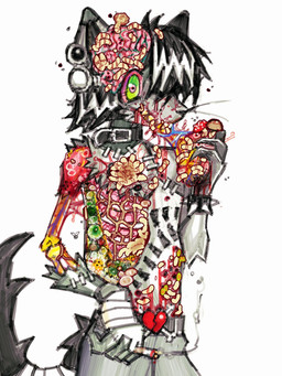 ambiguous_gender anthro bandaged_hand black_hair blood bodily_fluids bone bracelet brain collar fur gore green_eyes hair heart_symbol jewelry organs rotting skinned snout solo spiked_bracelet spikes surgical_suture whiskers alunka arthropod insect larva maggot mammal 3:4 hi_res