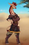 anthro blue_eyes clothing cloven_hooves desert ear_piercing female furry_specific_accessory hooves long_neck piercing shin_guards simple_background solo white_background skuttz giraffe giraffid mammal absurd_res hi_res