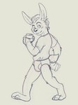 anthro barefoot beverage beverage_can blush briefs bulge clothing fahlma feet holding_beverage holding_object male shirt solo t-shirt tighty_whities topwear underwear white_briefs white_clothing white_underwear druidyordle 3:4 black_and_white hi_res monochrome sketch