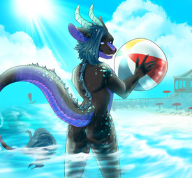 anthro ball beach beach_ball biped butt cloud detailed_background female fog hair holding_ball holding_object horn inflatable light looking_at_viewer nude outside playing pool_toy scales sea seaside sky smile solo spots standing summer sun tail teeth umbrella water amethystos mythology seren_(zombiekitty) dragon mythological_creature mythological_scalie scalie hi_res