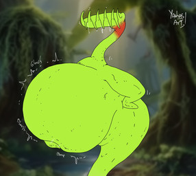 after_vore ambiguous_gender belly big_belly feral forest green_arms green_belly green_body huge_belly jungle overweight plant plant_vore rumbling_stomach solo text tree vore yauhasart elemental_creature flora_fauna 2025 english_text flat_colors hi_res watermark