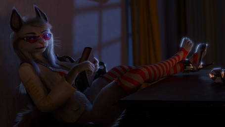 anthro bent_legs breasts clothing eyewear female footwear glasses hair high_heels legs_on_desk legwear long_hair looking_at_another night nude picture_frame pose shoes sitting solo stockings wearing_glasses dev4ik disney zootopia kitty_lynxley canada_lynx felid feline lynx mammal 16:9 3d_(artwork) digital_media_(artwork) widescreen