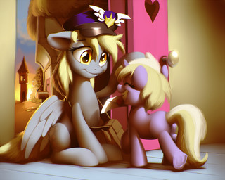 amber_eyes bag blonde_hair building city clothing cloud cutie_mark door duo eyes_closed feathered_wings feathers female feral fur grey_body grey_feathers grey_fur hair hat headgear headwear horn letter pink_body pink_fur sky spread_wings sun tower window wings moonlitbrush friendship_is_magic hasbro my_little_pony mythology derpy_hooves_(mlp) dinky_hooves_(mlp) equid equine mammal mythological_creature mythological_equine pegasus unicorn 2015 5:4