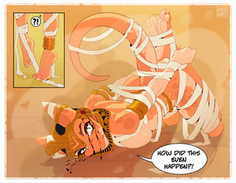 anthro blue_eyes bound breasts clothing costume dagger feet female gem hands_behind_back holidays jewelry looking_at_viewer lying melee_weapon mummy_costume mummy_wrappings orange_body soles solo toes weapon ansart nisha_(hyattlen) kobold scalie absurd_res digital_media_(artwork) hi_res