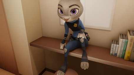 anthro badge belt blue_clothing book clothed clothing electronics feet female female_anthro fur furniture grey_body grey_ears grey_fur inside knee_pads long_ears looking_at_viewer looking_up paws pink_nose police police_uniform pose purple_eyes radio shelf sitting solo spread_legs spreading tail uniform incinereight_(artist) deltawing123_(modeler) disney zootopia judy_hopps lagomorph leporid mammal rabbit 16:9 3d_(artwork) digital_media_(artwork) hi_res widescreen