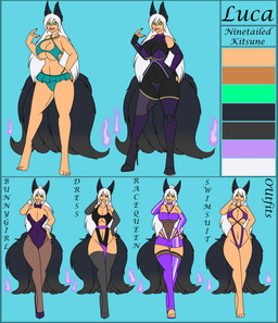 armwear big_breasts black_tail blue_border bodysuit boots border bottomwear breasts bunny_costume clothed clothed_female clothed_humanoid clothing costume dress elbow_gloves female fire fluffy fluffy_tail footwear fox_ears gloves grey_clothing grey_hair grey_legwear grey_thigh_boots grey_thigh_highs hair handwear legwear leotard long_hair looking_at_viewer miniskirt multi_tail multicolored_bodysuit multicolored_clothing multicolored_skinsuit one-piece_swimsuit pantyhose purple_armwear purple_bottomwear purple_clothing purple_elbow_gloves purple_gloves purple_handwear purple_legwear purple_leotard purple_skirt purple_thigh_boots purple_thigh_highs purple_thong purple_underwear shoes skinsuit skirt solo swimwear tail teal_eyes text thigh_boots thigh_highs thong tight_clothing two-piece_swimsuit underwear koekoek luca_(koekoek) animal_humanoid canid canid_humanoid canine canine_humanoid fox_humanoid humanoid mammal mammal_humanoid 2026 english_text hi_res model_sheet