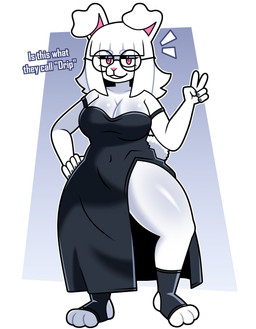 anthro bangs black_clothing black_dress blunt_bangs breasts cleavage clothed clothing dress eyeshadow eyewear female fur gesture glasses hair hand_gesture makeup paws rabbit_ears scut_tail short_tail solo tail v_sign white_body white_fur white_hair lornalla bnuyu_(lornalla) lagomorph leporid mammal rabbit absurd_res hi_res