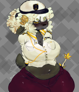 annoyed anthro big_breasts big_butt breasts butt cleavage_cutout curvy_figure cutout female flustered glistening glistening_body horn looking_at_viewer navel slightly_chubby solo tail tail_motion tailwag thick_thighs wide_hips yiiku88ky sauce_(sheep) bovid caprine mammal sheep hi_res