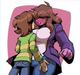 abstract_background anthro big_breasts blush bottomwear breasts brown_hair butt clothed clothing denim denim_bottomwear denim_clothing duo female female_on_human frown fully_clothed hair hair_over_eye hand_on_leg hand_on_thigh human_on_anthro interspecies jacket jeans larger_anthro larger_female male male/female male_on_anthro narrow_hips non-mammal_breasts one_eye_obstructed pants purple_body purple_eyes sharp_teeth shirt simple_background size_difference smaller_human smaller_male teeth thick_thighs thin_thighs topwear bigdad deltarune undertale_(series) kris_dreemurr susie_(deltarune) human mammal reptile scalie 2021