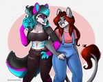 anthro bottomwear bright_eyes clothing denim denim_bottomwear denim_clothing duo female grey_body hair jeans long_hair open_mouth open_smile pants red_hair shirt shy_smile smile t-shirt topic topwear undershirt walking volodyanocturne renita yozora canid canine canis mammal wolf 5:4