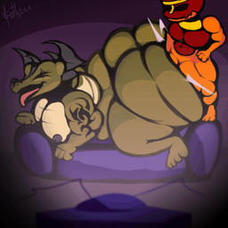 anal anal_penetration anthro big_butt bouncing_butt butt duo electronics eyes_closed furniture green_body green_skin huge_butt hyper hyper_butt larger_sub looking_pleasured male male/male nipples open_mouth orange_body orange_skin penetration sex size_difference sofa submissive tattoo television tongue tongue_out wings g0th1cc1 mythology hudson_(zp92) dragon mythological_creature mythological_scalie reptile scalie 1:1 animated