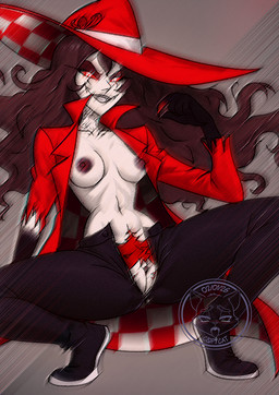 black_background black_body black_hair blush breasts claws female genitals hair multicolored_body nipples nude open_mouth open_smile pubes red_hair red_sclera simple_background smile solo thick_thighs two_tone_body vulva white_body white_eyes c0pycat hazbin_hotel hellaverse roo_(hazbin_hotel) demon demon_humanoid human humanoid mammal hi_res