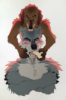 anthro blush bone brown_body brown_fur caressing crossed_arms duo eyes_closed fur grey_body grey_fur heart_symbol licking licking_another looking_down male male/male simple_background sketchy_shadow smile tongue tongue_out white_background keilthemongrel soyuzmultfilm there_once_was_a_dog dog_(there_once_was_a_dog) wolf_(there_once_was_a_dog) canid canine canis domestic_dog mammal wolf hi_res