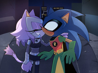 anthro armor assertive_female belt blush blush_lines cape claws clothing cosplay costume crossover_cosplay duo eyelashes eyes_closed female gauntlets gloves hand_behind_head handwear hero kissing long_eyelashes male male/female princess royalty simple_background superhero superhero_costume utility_belt kukuun cartoon_network dc_comics sega sonic_the_hedgehog_(series) teen_titans teen_titans_(television_series) blaze_the_cat robin_(dc) sonic_the_hedgehog starfire_(teen_titans) domestic_cat eulipotyphlan felid feline felis hedgehog mammal 4:3 crossover hi_res