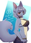 5_fingers anthro big_breasts black_bottomwear black_clothing black_collar black_shorts blush bottomwear breasts clothing collar female female_anthro fingers fluffy fluffy_tail fur grey_body grey_fur grey_hair hair hand_in_pocket hand_on_breast kemono looking_at_viewer multicolored_body multicolored_fur pockets shorts simple_background smile snout solo standing tail text two_tone_body two_tone_fur yellow_body yellow_eyes yellow_fur nachiwanko maku_(maku450) canid canine canis mammal wolf 2021 absurd_res english_text hi_res