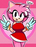 anthro bare_shoulders black_eyes black_nose breasts clothing dress eyelashes female fur gloves hair handwear medium_breasts open_mouth outline pink_background pink_body pink_fur pink_hair red_clothing red_dress simple_background smile solo standing white_clothing white_gloves white_handwear white_outline diego_mejia sega sonic_the_hedgehog_(series) amy_rose eulipotyphlan hedgehog mammal