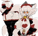 anthro big_breasts big_butt blush blush_lines bodily_fluids breasts butt clothing fangs female fur hair huge_breasts huge_thighs maid_headdress maid_uniform open_mouth orange_eyes panties pasties rear_view simple_background smile solo standing sweat teeth thick_thighs underwear uniform white_body white_fur white_hair cibastion catmaid_(cibastion) domestic_cat felid feline felis mammal