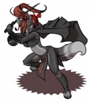 action_pose anthro attack cloak clothing female fight grey_eyes hair hooves long_hair looking_at_viewer melee_weapon membrane_(anatomy) membranous_wings micro pose red_hair simple_background solo sword tail warrior weapon white_background wings mitti fatecoyote canid canine mammal 2011