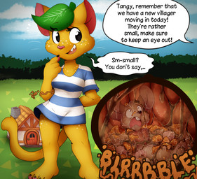 anthro blush blush_lines bodily_fluids breasts cat_tail claws clothed clothing duo extreme_size_difference eyelashes female finger_claws freckled_chest freckled_face freckled_legs freckled_thighs freckles leaf leaf_hair long_eyelashes male male/female micro mouse_tail organs pawpads plant plant_hair pseudo_hair rumbling_stomach sharp_teeth size_difference small_breasts stomach stomach_acid teeth text toe_claws vore muhny animal_crossing nintendo tangy_(animal_crossing) domestic_cat felid feline felis mammal mouse murid murine rodent english_text