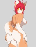 anthro barbell_piercing breasts butt female fur genitals hair nipple_barbell nipple_piercing nipples nude piercing presenting presenting_hindquarters pussy raised_tail rear_view red_hair simple_background smile solo spread_butt spreading standing tail tan_body tan_fur yellow_eyes mochii_tiger heiko_(domasarts) canid canine canis domestic_dog mammal hi_res