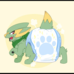 ambiguous_gender clothed clothing diaper digitigrade fangs feral fur green_body green_fur green_kerchief happy kerchief lightning_bolt looking_back multicolored_body multicolored_fur open_mouth pawprint_diaper rear_view simple_background smile solo teeth two_tone_body two_tone_fur wearing_diaper yellow_body yellow_fur jupiters nintendo pokemon electrike generation_3_pokemon pokemon_(species) 2025 absurd_res full-length_portrait hi_res portrait