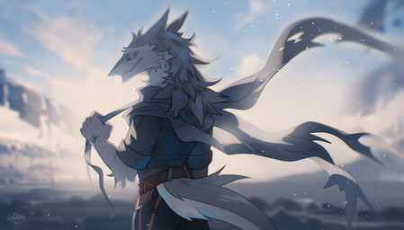 clothing looking_back male outside rear_view smile solo standing wind lingrimm thomas_takayama sergal