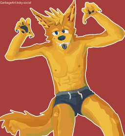 abs anthro athletic blonde_eyebrows blonde_hair blue_bottomwear blue_claws blue_clothing blue_eyes blue_nose blue_pawpads blue_shorts blue_tongue bottomwear claws clothed clothing ear_tuft eyebrow_slit eyebrows fangs fur fur_markings glistening glistening_eyes glistening_nose glistening_pawpads hair hand_pawpads handpaw male markings nipples orange_body orange_fur outline paw_markings pawpads paws rawr red_background sharp_teeth shorts shorts_only showing_teeth silly_pose simple_background simple_color solo square_markings tail teeth text text_on_clothing tongue tongue_out topless tuft white_outline yellow_body yellow_ear_fluff yellow_fur yellow_markings garbage_art fancy_dawg canid canine canis domestic_dog mammal absurd_res cel_shading digital_media_(artwork) full-length_portrait hi_res portrait restricted_palette shaded