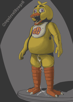 anthro beak bib bodily_fluids cum damaged dripping female genital_fluids graveyard_shift_at_freddy's let's_play looking_away machine male messy open_mouth orange_beak purple_eyes scratches solo spotlight stage standing wet yellow_body squirrel870916 five_nights_at_freddy's scottgames chica_(fnaf) animatronic avian bird robot absurd_res colored digital_media_(artwork) hi_res shaded