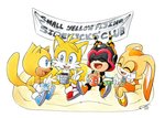 anthro beverage blue_eyes clothing container cup eyes_closed female footwear fur gloves group handwear long_ears male open_mouth open_smile sitting smile teeth text finikart sega sonic_the_hedgehog_(series) what_does_the_fox_say charmy_bee cream_the_rabbit miles_prower ray_the_flying_squirrel arthropod bee canid canine flying_squirrel fox hymenopteran insect lagomorph leporid mammal rabbit rodent sciurid 2018 english_text hi_res meme signature traditional_media_(artwork)