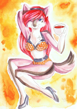 accessory anthro beverage bikini biped clothed clothing coffee female food footwear hair headband high_heels looking_at_viewer one_eye_closed red_hair shoes skimpy solo swimwear tail tight_clothing two-piece_swimsuit wink winking_at_viewer year pandablubb canid canine fox mammal 2012 painting_(artwork) traditional_media_(artwork) traditional_painting_(artwork) traditional_watercolor_(artwork) watercolor_(artwork)