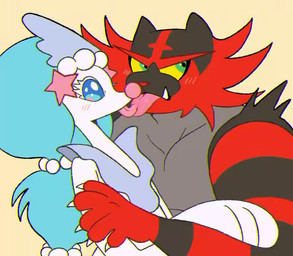 5_fingers ambiguous/ambiguous ambiguous_gender anthro blue_eyes blue_hair blush blush_lines bodily_fluids claws duo eyelashes fangs fingers fur gem green_eyes hair hug multicolored_body muscular muscular_ambiguous muscular_anthro pearl_(gem) red_body red_fur saliva saliva_string simple_background starfish_(accessory) teeth tongue tongue_out tongues_touching white_body yellow_sclera cinnamonrug sound_warning nintendo pokemon aquatic asterozoan echinoderm felid feline generation_7_pokemon incineroar mammal pokemon_(species) primarina starfish 2026 animated dated high_framerate short_playtime signature sound video