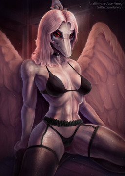 anthro black_bra black_clothing black_panties black_underwear bra breasts choker clothing eyelashes eyeshadow feathered_wings feathers female front_view grey_body grey_scales hair jewelry kneeling legwear lingerie long_hair looking_at_viewer makeup navel necklace panties red_eyes red_eyeshadow scales small_breasts solo stockings thick_thighs underwear white_body white_feathers white_hair wide_hips wings izneg cavemanon_studios goodbye_volcano_high ko_op_(game_developer) snoot_game fang_(gvh) prehistoric_species pterodactylus pterosaur reptile scalie absurd_res hi_res