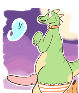 angry balls belly big_butt butt clothing collar duo food fruit genitals green_body holidays horn knot legwear male moon night outline penis plant pumpkin red_eyes simple_background thick_penis tongue tongue_out yellow_horn thefluffyrey69 halloween compi_the_compsognathus compsognathid compsognathus dinosaur ghost prehistoric_species reptile scalie spirit theropod absurd_res digital_media_(artwork) hi_res