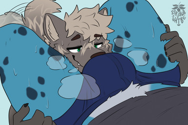 anthro between_legs blue_body blue_fur bodily_fluids bulge clothing duo face_in_crotch fur male male/male musk nuzzling sniffing sniffing_clothes sweat sweatdrop tail tail_motion tailwag underwear underwear_sniffing strawbshibe guild_wars bookermeister kadj charr felid hyena mammal hi_res