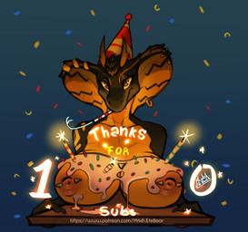 anthro bedroom_eyes belly big_breasts black_body black_scales breast_focus breasts cake candle claws clothing confetti dessert eye_scar facial_scar fangs female finger_claws fingers food furgonomics furry-specific_piercing hat headgear headwear horn icing looking_at_viewer markings mouth_closed narrowed_eyes nipple_piercing nipples non-mammal_breasts non-mammal_nipples nude nude_anthro nude_female orange_belly orange_body orange_eyes orange_scales party party_hat piercing plated_scales pupils ring_piercing scales scar seducing_viewer seductive simple_background slit_pupils smile snake_hood snake_hood_markings snake_hood_piercing solo subscriber_count teeth text mrwhitebear obsidian_(za121) cobra hybrid reptile scalie snake 2024 absurd_res bust_portrait digital_media_(artwork) english_text hi_res portrait url