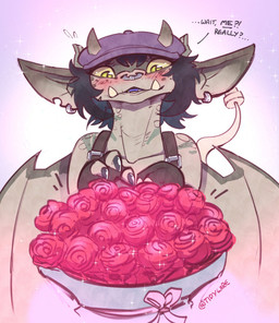 anthro big_ears black_hair bouquet claws clothing dialogue ear_piercing ear_ring female fingerless_gloves flower flower_bouquet gloves grey_body grey_skin hair handwear horn membrane_(anatomy) membranous_wings notched_ear piercing plant pupils ring_piercing rose_(flower) slit_pupils solo suspenders tail text wearing_hat wings yellow_eyes tidywire deadlock_(game) valve valve_corporation ivy_(deadlock) gargoyle absurd_res english_text hi_res