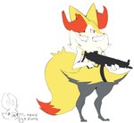 ambiguous_gender anthro chest_tuft duo fluffy fluffy_tail fur gun inner_ear_fluff mp5 orange_body orange_fur ranged_weapon simple_background tail tuft weapon unknown_artist heckler_and_koch nintendo pokemon braixen generation_6_pokemon generation_8_pokemon pokemon_(species) scorbunny flat_colors hi_res