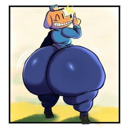 anthro big_butt black_clothing black_footwear black_nose black_socks blue_bottomwear blue_clothing blue_hat blue_headwear blue_pants blue_shirt blue_topwear bottom_heavy bottomwear brown_body brown_fur bubble_butt butt butt_focus clothed clothed_anthro clothed_male clothing curvy_figure denim denim_bottomwear denim_clothing fingers floppy_ears footwear fur gesture glistening glistening_butt hand_gesture hat head_turned headgear headwear huge_butt hyper hyper_butt jeans looking_at_viewer looking_back looking_back_at_viewer male motion_lines one_eye_closed pants pointing pointing_up police police_hat police_officer police_uniform rear_view shirt shortstack shortstack_male simple_background smile smiling_at_viewer snout socks solo standing_on_tiptoes teeth thick_thighs toothy_smile topwear uniform wide_hipped_anthro wide_hipped_male wide_hips wink winking_at_viewer anothercat dog_man_(series) dog_man_(character) canid canine canis domestic_dog mammal 1:1 2025 colored digital_drawing_(artwork) digital_media_(artwork) hi_res shaded