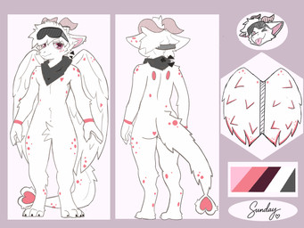 anthro feathered_wings feathers femboy freckled_legs freckled_shoulders freckled_tail freckled_thighs freckles fur horn male pawpads piercing pink_sclera pose simple_background solo spots standing tail white_body white_fur wings mythology dragon furred_dragon furred_scalie mythological_creature mythological_scalie scalie 4:3 hi_res model_sheet