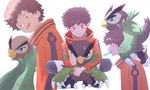 anthro beak blue_eyes brown_body brown_feathers brown_hair claws duo feathers grin hair hug male smile akiinu bandai_namco digimon digimon_survive minoru_hyuga avian bird digimon_(species) falcomon human mammal hi_res multiple_images