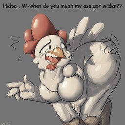 anthro beak bent_over big_butt blush blush_lines breasts butt butt_from_the_front dialogue disembodied_hand featureless_breasts female female_anthro glistening glistening_body hand_on_butt hand_on_leg hand_on_thigh huge_butt huge_hips huge_thighs looking_back monotone_body non-mammal_breasts offscreen_character open_beak open_mouth overweight overweight_anthro overweight_female solo tail text thick_thighs wide_hips 6saw789 6saw789_(6saw789) avian bird chicken galliform phasianid 2025 digital_drawing_(artwork) digital_media_(artwork) english_text hi_res shaded signature