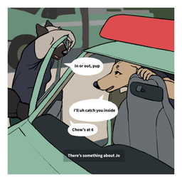 ambiguous_gender anthro black_body black_fur border bottomwear clothing dialogue duo facial_markings fur green_bottomwear green_clothing green_pants grey_body grey_clothing grey_fur grey_shirt grey_t-shirt grey_topwear head_markings leaning leaning_forward light_truck markings muzzle_(marking) pants pickup_truck shirt speech_bubble t-shirt tan_body tan_fur text tool_belt topwear truck vehicle white_border yellow_eyes oystr lily_(oystr) mel_(oystr) canid canine canis domestic_dog hunting_dog mammal presa_canario sighthound 1:1 english_text hi_res