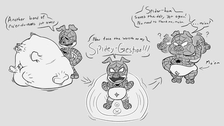 2_toes anthro belly big_cheeks chubby_cheeks clothing costume dialogue digestion emanata feet instant_digestion male mass_vore multiple_prey oral_vore overweight struggling struggling_prey superhero talking_to_prey talking_to_self text toes toony vore weight_gain nommsalotl spider-ham domestic_pig mammal suid suine sus_(pig) 16:9 4k absurd_res english_text hi_res monochrome sequence widescreen