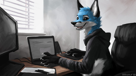 5_fingers anthro blue_body blue_fur brown_eyes chair computer ears_up electronics fingers fur furniture happy laptop male paws pen sitting smile solo tail teeth white_body white_fur white_tail window writing_utensil young geewolf canid canine fox mammal 16:9 hi_res widescreen