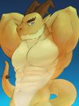 abs anthro biceps blue_eyes flexing gold_skin horn looking_at_viewer male muscular muscular_anthro muscular_male navel nude pecs presenting simple_background smile solo standing tail fanofthefurr mythology dragon mythological_creature mythological_scalie scalie half-length_portrait hi_res portrait