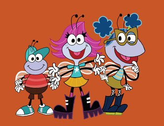 4_arms antennae_(anatomy) anthro black_boots black_clothing black_footwear blue_cap blue_clothing blue_footwear blue_hair blue_shoes boots bottomwear brown_bottomwear brown_clothing brown_eyewear brown_glasses brown_shorts clothing eyelashes eyewear female footwear freckled_face freckles glasses gloves green_bottomwear green_clothing green_skirt grey_body grey_skin group hair handwear insect_wings long_eyelashes male multi_arm multi_limb pattern_clothing pattern_shirt pattern_topwear pigtails pink_hair red_clothing red_shirt red_t-shirt red_topwear shirt shoes shorts skirt sleeveless_shirt striped_clothing striped_shirt striped_topwear stripes t-shirt topwear trio white_clothing white_gloves white_handwear wings tbroussard disney jim_henson's muppets the_buzz_on_maggie maggie_pesky pupert_pesky rayna_cartflight arthropod fly_(animal) insect hi_res